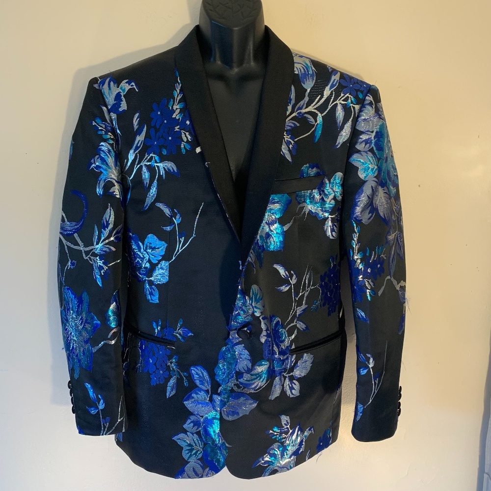 Retro Paris Embroidered Satin Dinner Jacket 48R 1 button  Side vent